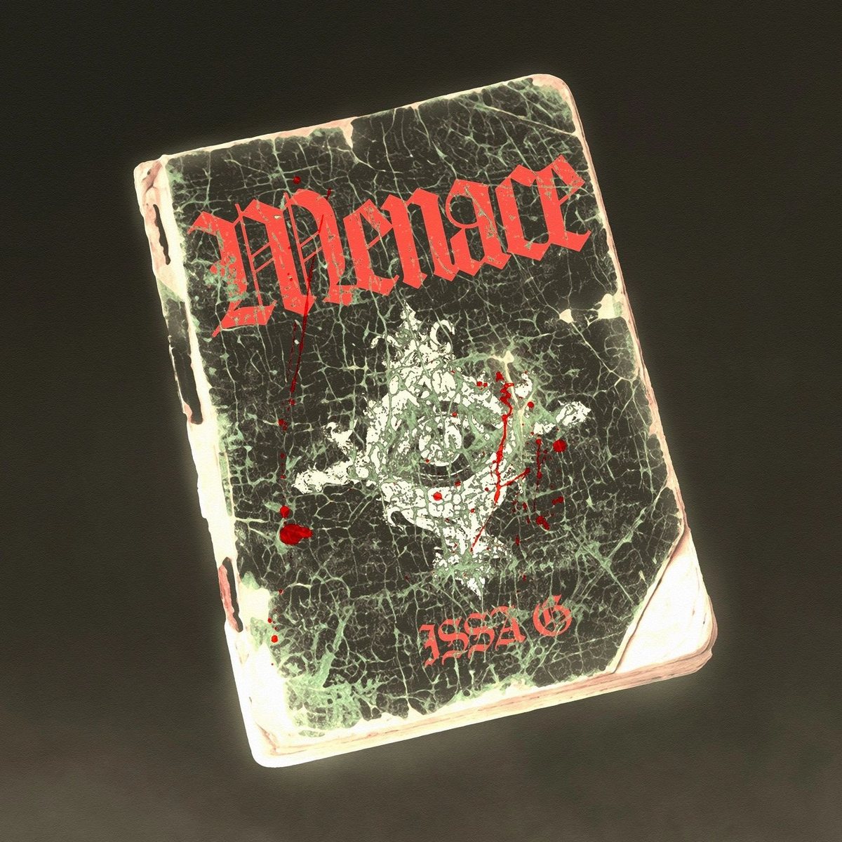 Cover art for "Menace" by ISSA G, a worn, cracked book with the title in red gothic lettering