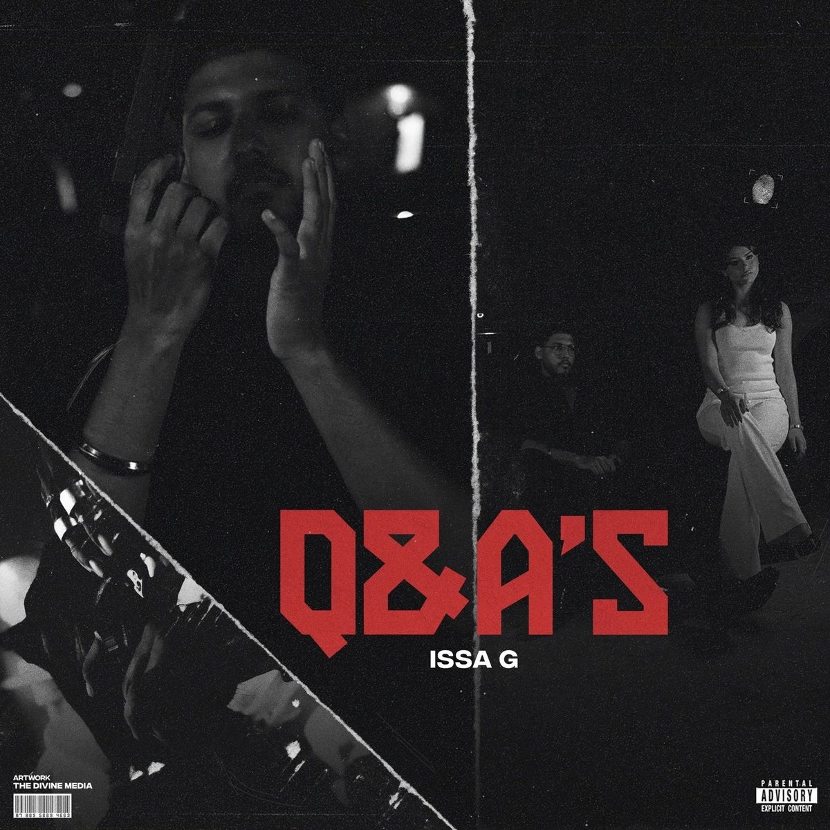 Cover art for "Q&A's" by ISSA G, a black and white party scene split by a diagonal line, with the title in red
